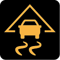Gelbe Warnleuchte: Auto vor Dreieck mit Spurlinien vor schwarzem Hintergrund